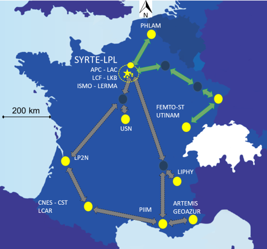 Map of the REFIMEVE+ network with the partners laboratories in yellow. The operational links are in green.